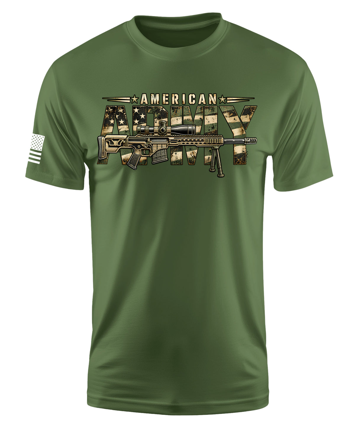 An olive green short-sleeve t-shirt with a graphic on the chest reading 'AMERICAN ARMY' in a camouflage pattern filled with an assault rifle and flag motifs, plus a small white American flag graphic on the right sleeve.