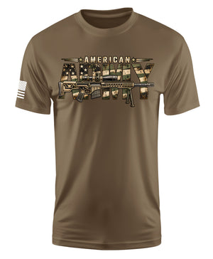 A short-sleeve crewneck t-shirt in coyote brown, featuring a large graphic on the chest that reads 'AMERICAN ARMY' in a camouflage pattern filled with an American flag and a rifle silhouette. A small black-and-white American flag graphic is printed on the right sleeve.