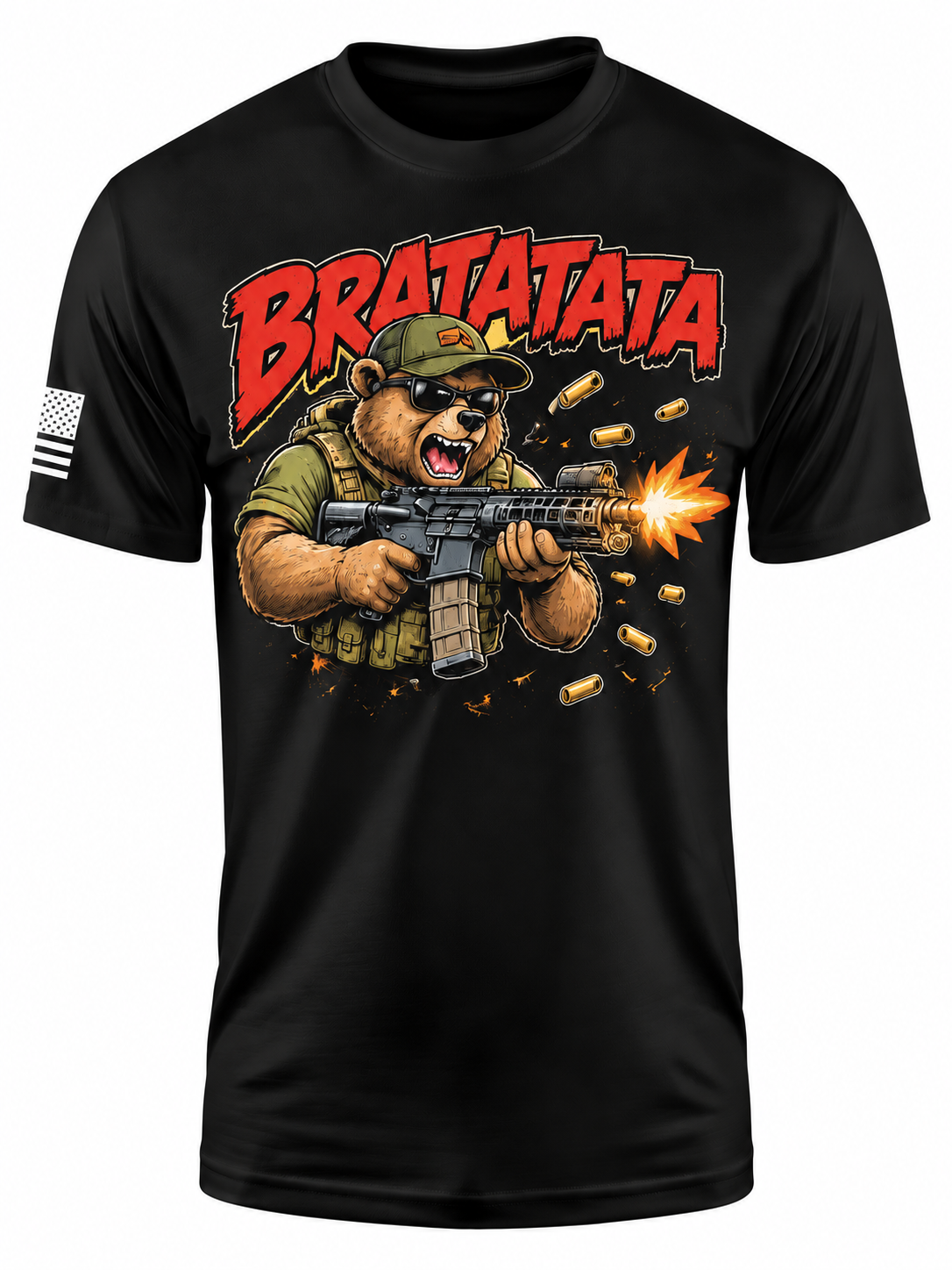 A black short-sleeve t-shirt with a large graphic print of a bear wearing a green cap and holding a rifle, with the text 'BRATATATA' in red above it. A small American flag graphic is visible on the right sleeve.