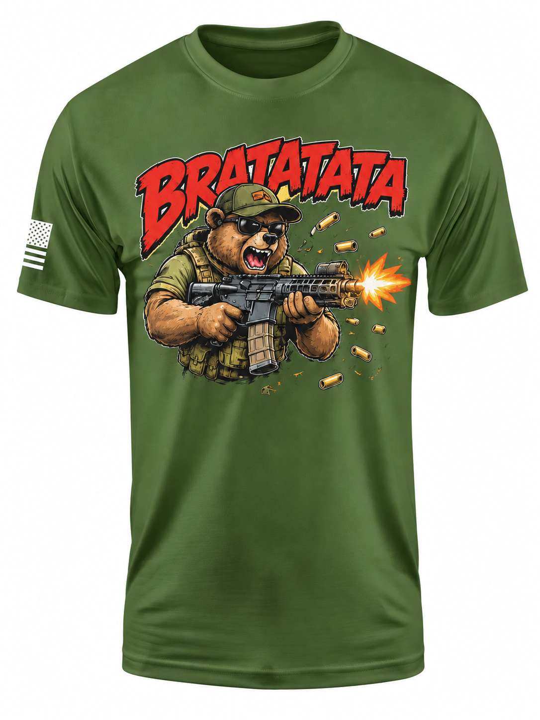 An olive green short-sleeve t-shirt featuring a graphic of a cartoon bear wearing a military uniform and cap, firing a rifle with a bright muzzle flash. The word 'BRATATATA' is printed in large red letters across the chest.