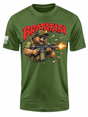 An olive green short-sleeve t-shirt featuring a graphic of a cartoon bear wearing a military uniform and cap, firing a rifle with a bright muzzle flash. The word 'BRATATATA' is printed in large red letters across the chest.