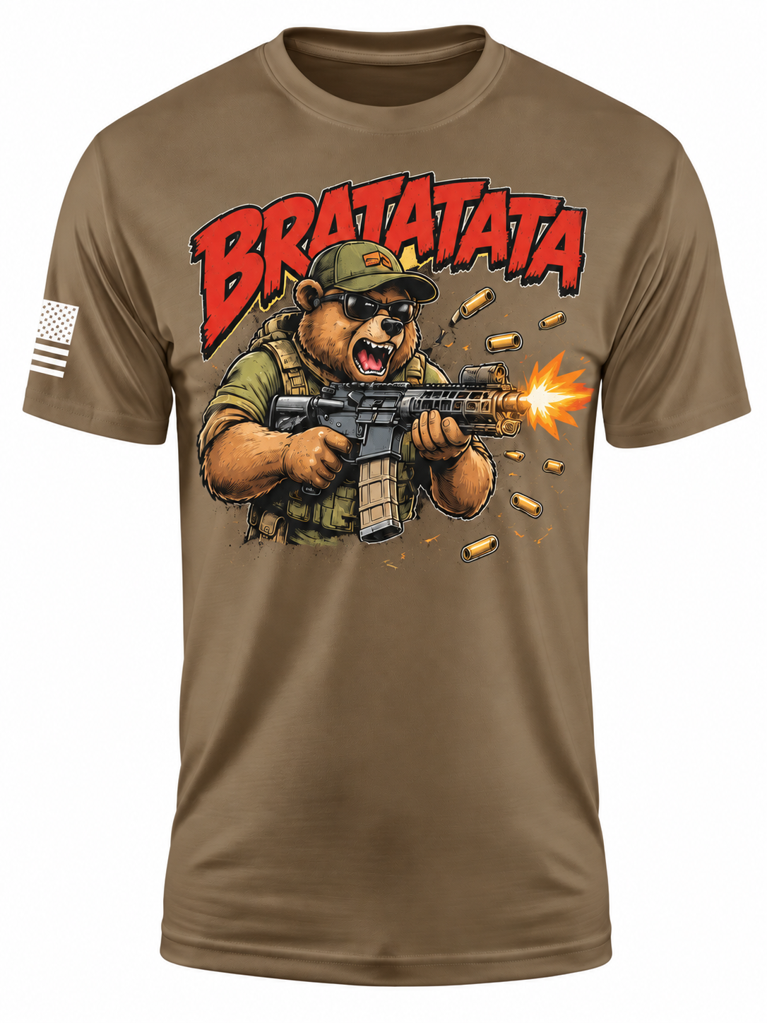 A brown short-sleeve t-shirt with a graphic of a bear wearing a military uniform and firing a rifle, under the text 'BRATATATA' in red. A small American flag is printed on the right sleeve.