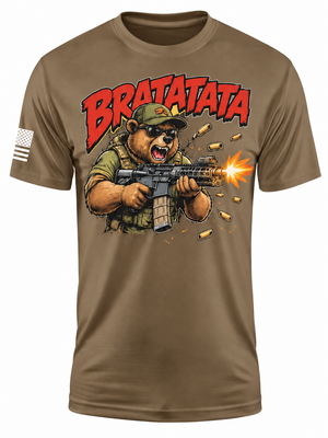 A brown short-sleeve t-shirt with a graphic of a bear wearing a military uniform and firing a rifle, under the text 'BRATATATA' in red. A small American flag is printed on the right sleeve.