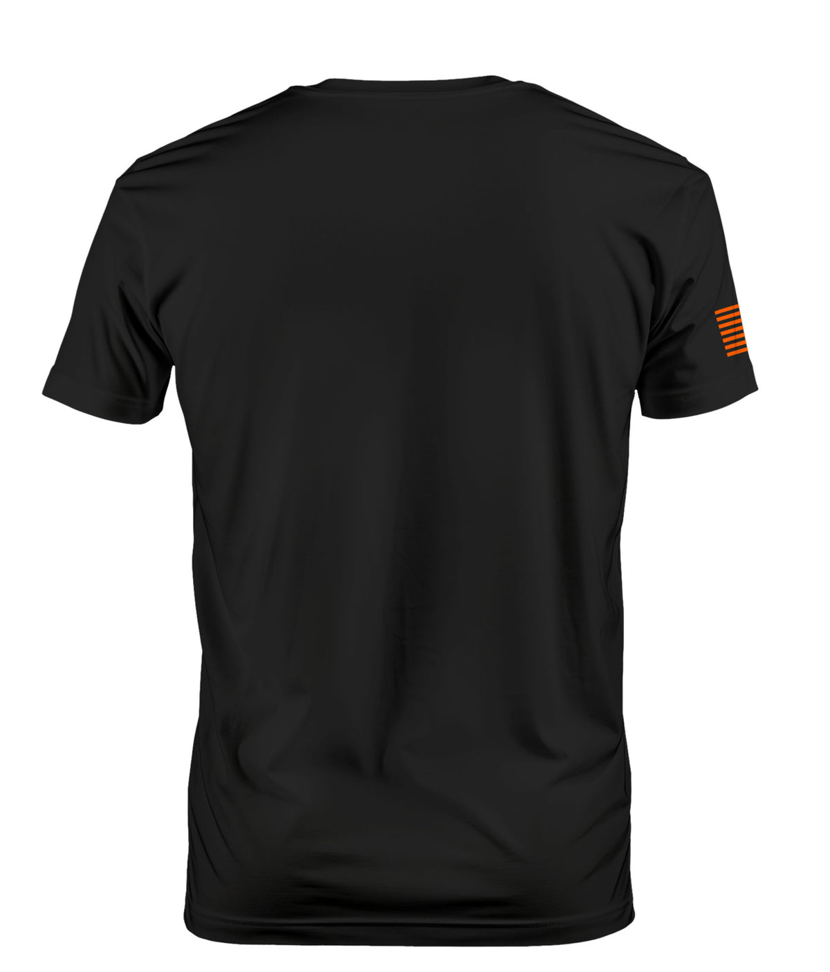 Black short-sleeve crewneck t-shirt shown from the back, featuring a small orange striped graphic on the left sleeve, set against a plain white background.