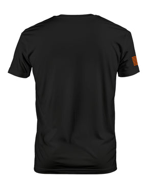 Black short-sleeve crewneck t-shirt shown from the back, featuring a small orange striped graphic on the left sleeve, set against a plain white background.