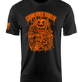 A black short-sleeve crewneck t-shirt with a large orange graphic on the front showing a soldier with a pumpkin head and the text 'GOMBAD TAKE IT'. A small orange flag graphic is printed on the right sleeve.