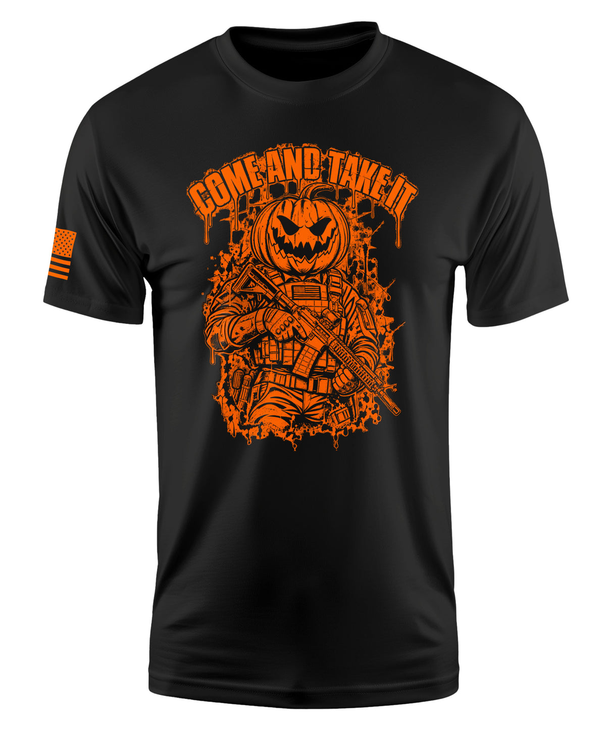 A black short-sleeve crewneck t-shirt with a large orange graphic on the front showing a soldier with a pumpkin head and the text 'GOMBAD TAKE IT'. A small orange flag graphic is printed on the right sleeve.