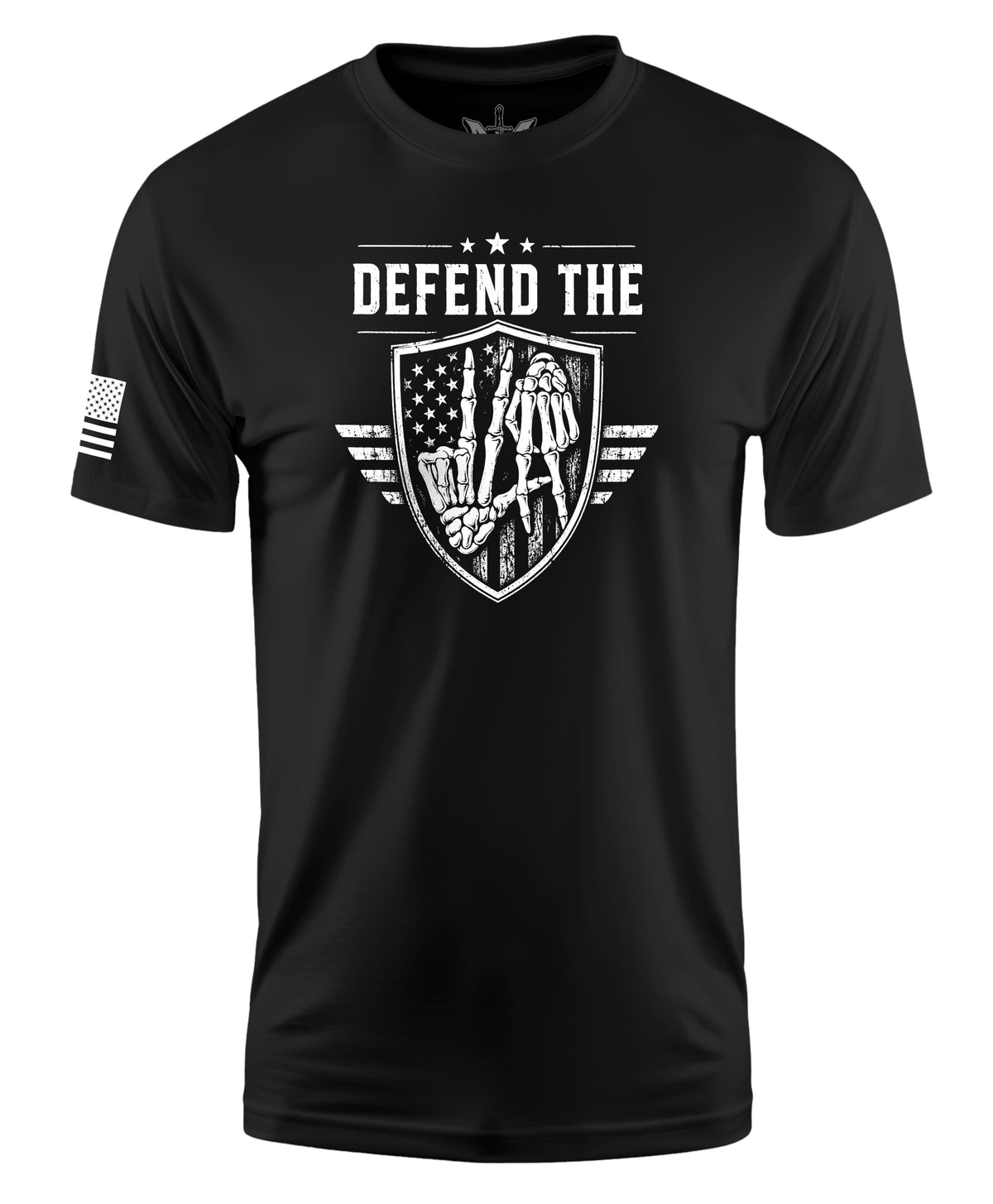 A black short-sleeve crewneck t-shirt featuring a white graphic print on the front with the text 'DEFEND THE' above a shield design with a skeleton and an American flag. A small white American flag graphic is printed on the right sleeve.