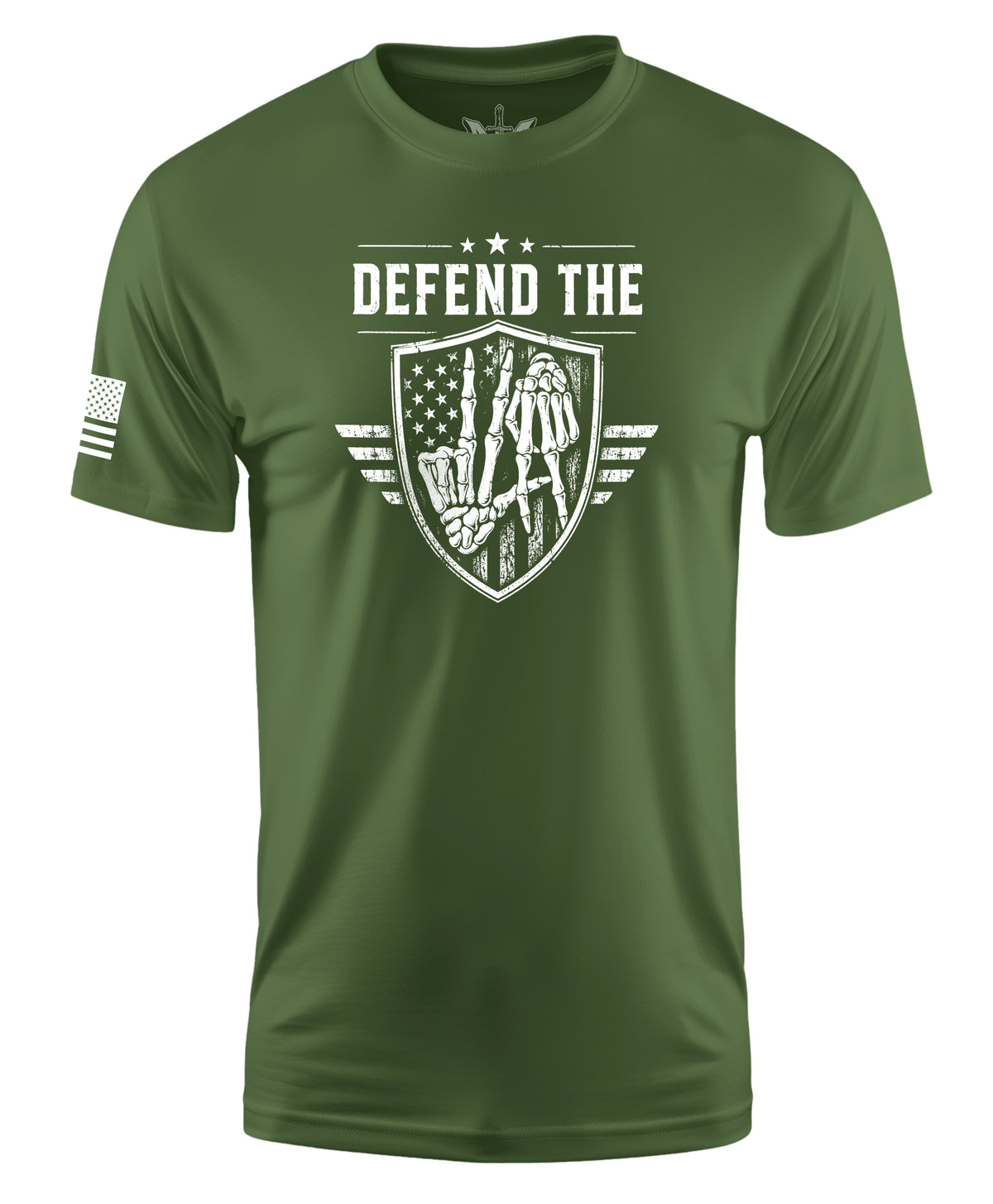 An olive green short-sleeve t-shirt with a distressed white graphic on the chest reading 'DEFEND THE' above a shield design featuring a soldier and an American flag. A small white American flag graphic is printed on the right sleeve.