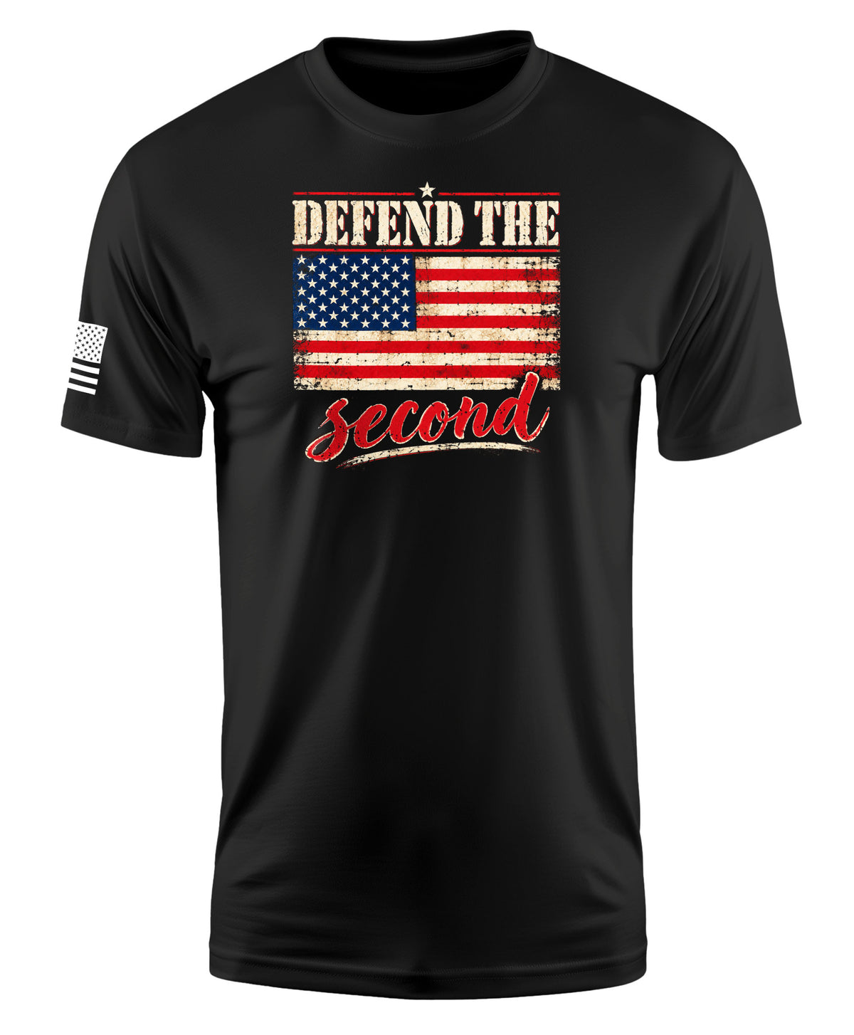 A black short-sleeve t-shirt with a distressed patriotic graphic on the chest reading 'DEFEND THE second' and an American flag, plus a small black-and-white flag print on the sleeve, shown on a plain white background.