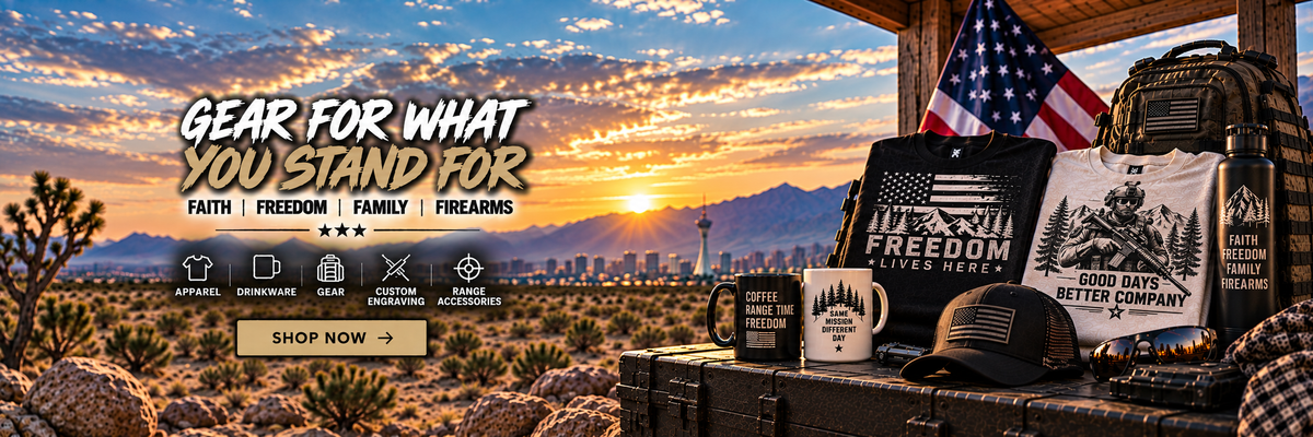 A promotional banner for 'Gear For What You Stand For' featuring a desert sunset landscape on the left and a rustic wooden table on the right displaying branded merchandise including a black t-shirt, a white t-shirt, a mug, a baseball cap, and a backpack. The left side includes text banners, icons for apparel categories, and a 'SHOP NOW' button.