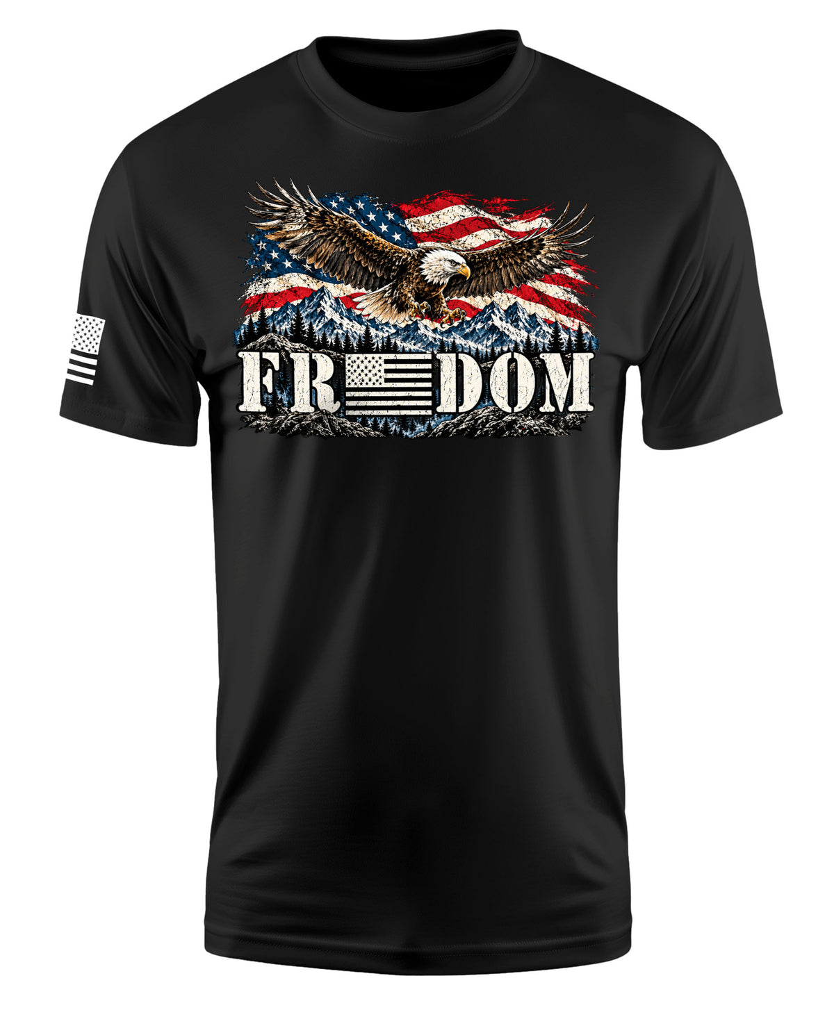 A black short-sleeve crewneck t-shirt featuring a patriotic graphic on the chest of an eagle flying over a mountain range beneath a waving American flag, with the word 'FREEDOM' printed below in white block letters. A small black-and-white American flag is printed on the right sleeve.