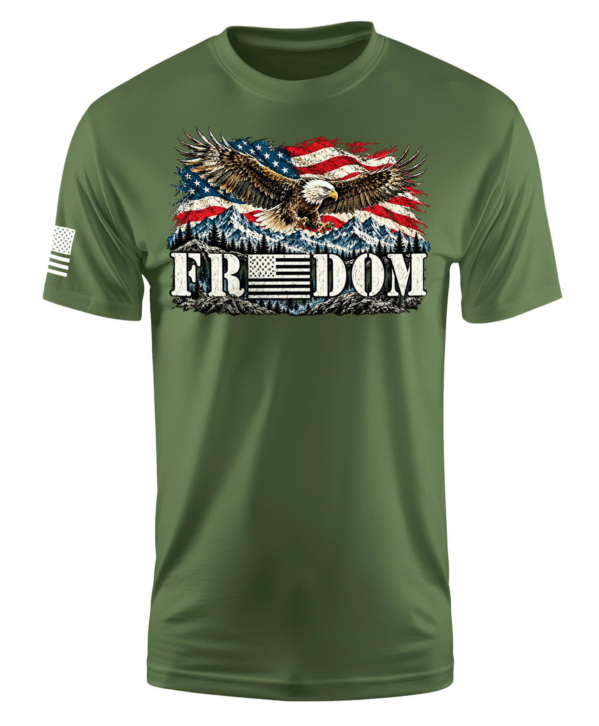 An olive green short-sleeve t-shirt with a patriotic graphic on the chest featuring an eagle, an American flag, mountains, and the word 'FREEDOM'. A small black-and-white American flag is printed on the right sleeve.
