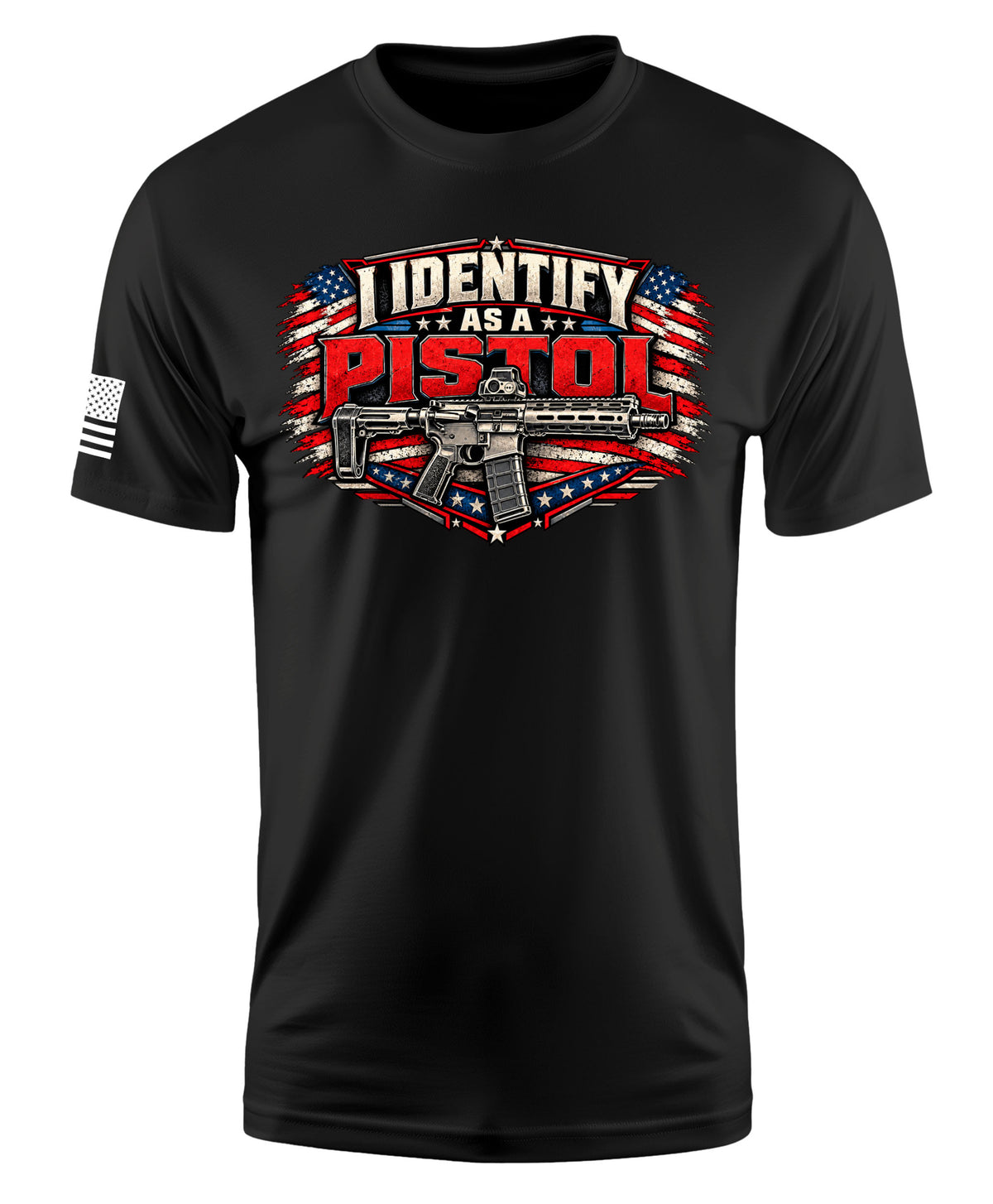 A black short-sleeve t-shirt with a graphic on the chest reading 'I IDENTIFY AS A PISTOL' in red, white, and blue over an American flag and rifle design, plus a small black-and-white flag print on the sleeve.