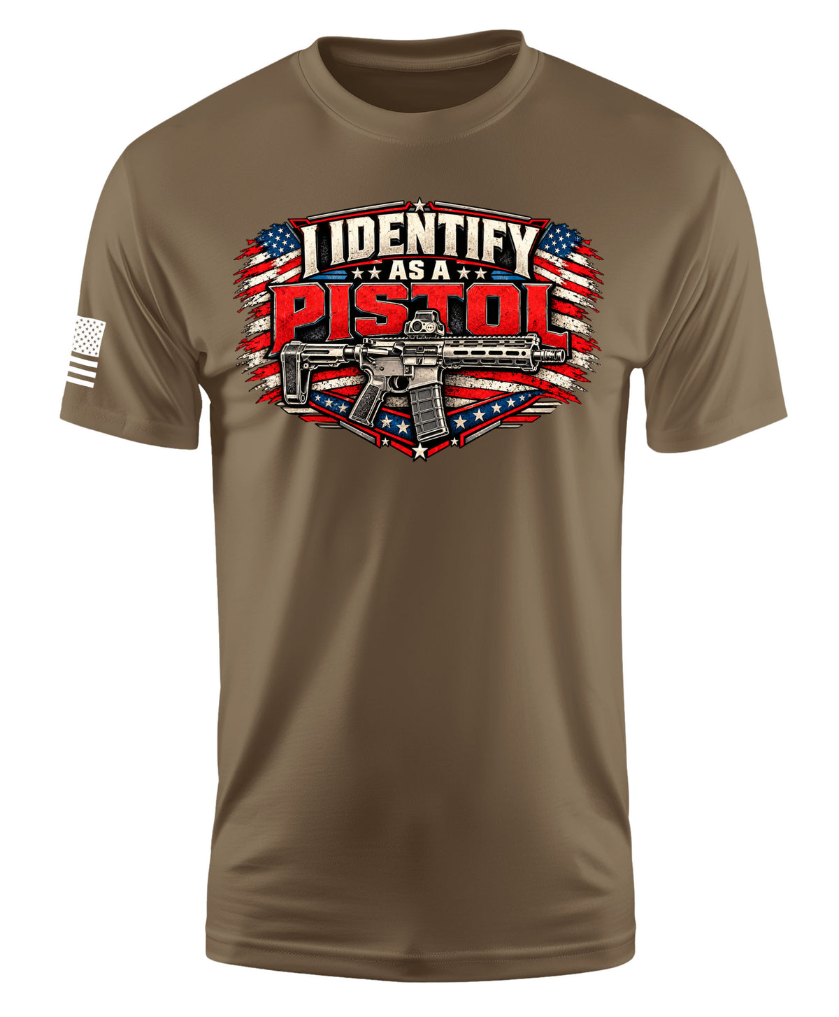 A brown short-sleeve crewneck t-shirt featuring a patriotic graphic on the chest with the text 'I IDENTIFY AS A PISTOL' in red and white, overlaid with a rifle and a red, white, and blue American flag design. A small black-and-white American flag is printed on the right sleeve.