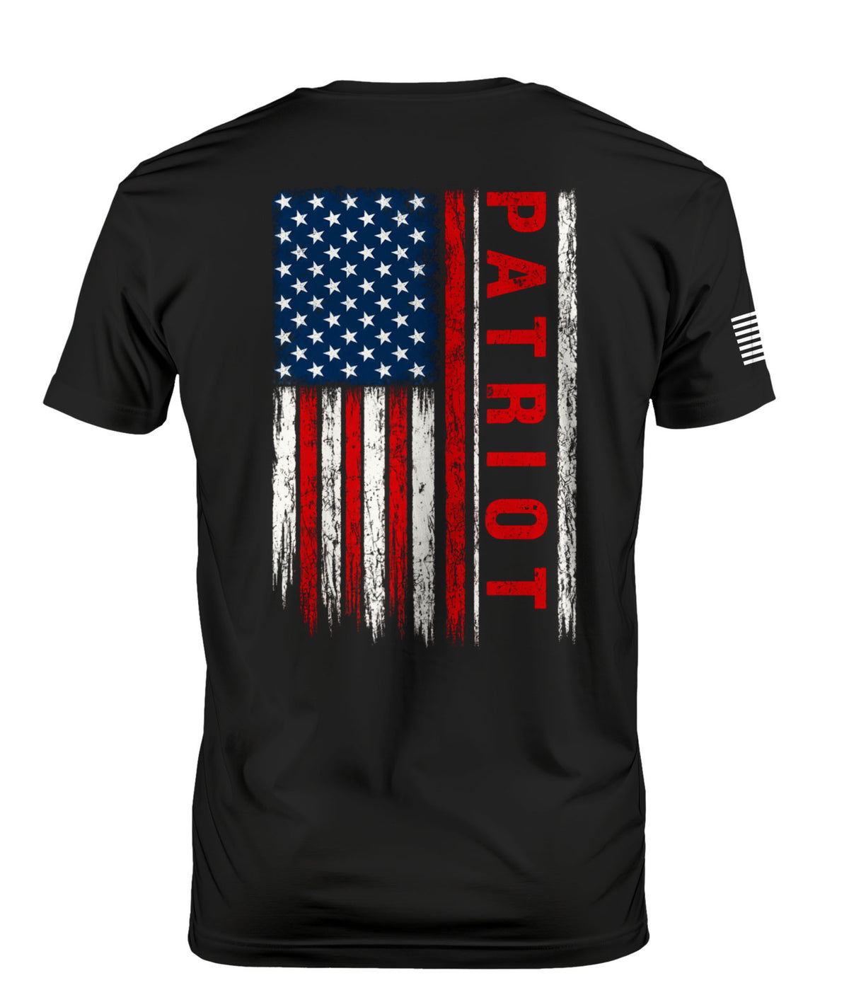 A black short-sleeve t-shirt shown from the back, featuring a distressed vertical American flag graphic with the word 'PATRIOT' printed in red down the right side of the flag. A small white graphic is visible on the left sleeve.