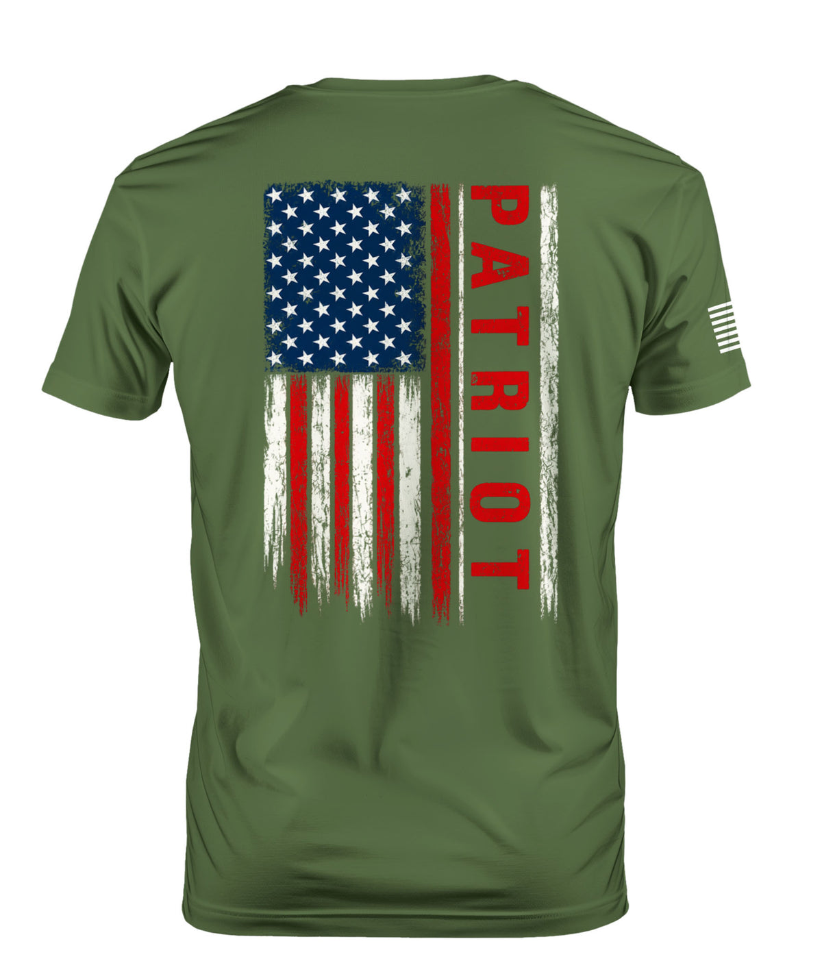 An olive green short-sleeve t-shirt shown from the back, featuring a distressed vertical American flag graphic with the word 'PATRIOT' printed in red down the right side of the flag.