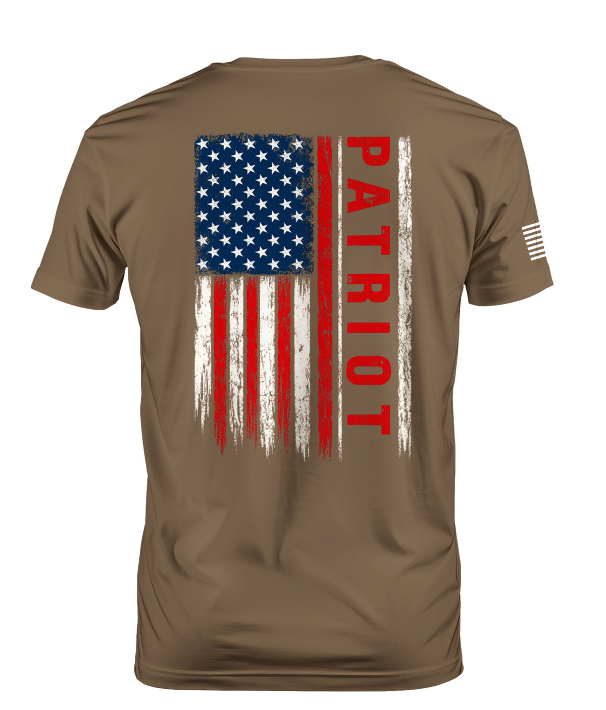A brown short-sleeve t-shirt with a distressed American flag graphic on the back, featuring red and white stripes and white stars on a blue field, with the word 'PATRIOT' printed vertically in red. A small white flag graphic is visible on the left sleeve.