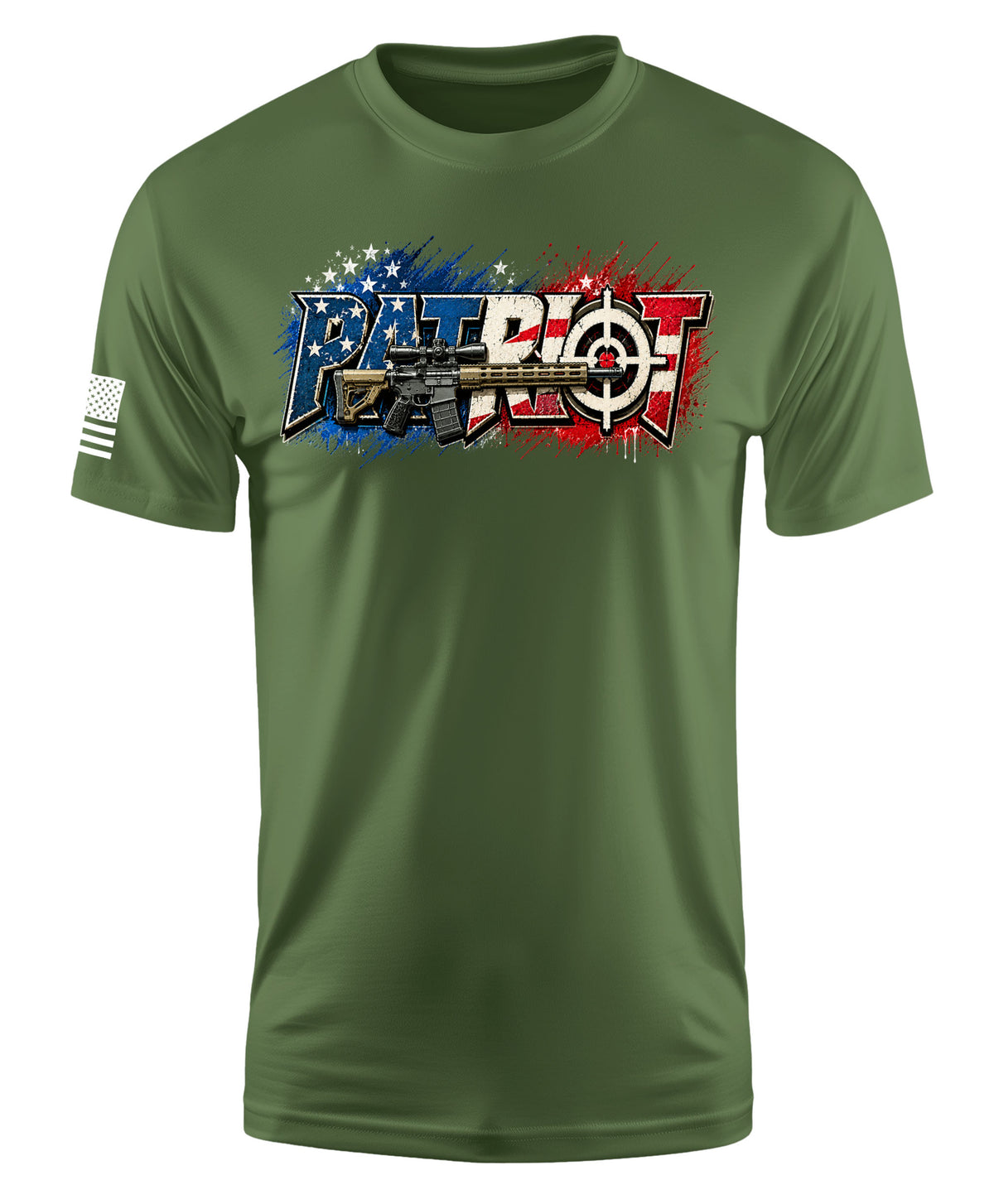 An olive green short-sleeve t-shirt with a patriotic graphic on the chest featuring the word 'PATRIOT' in a stylized red, white, and blue font with a rifle silhouette, and a small American flag print on the right sleeve.