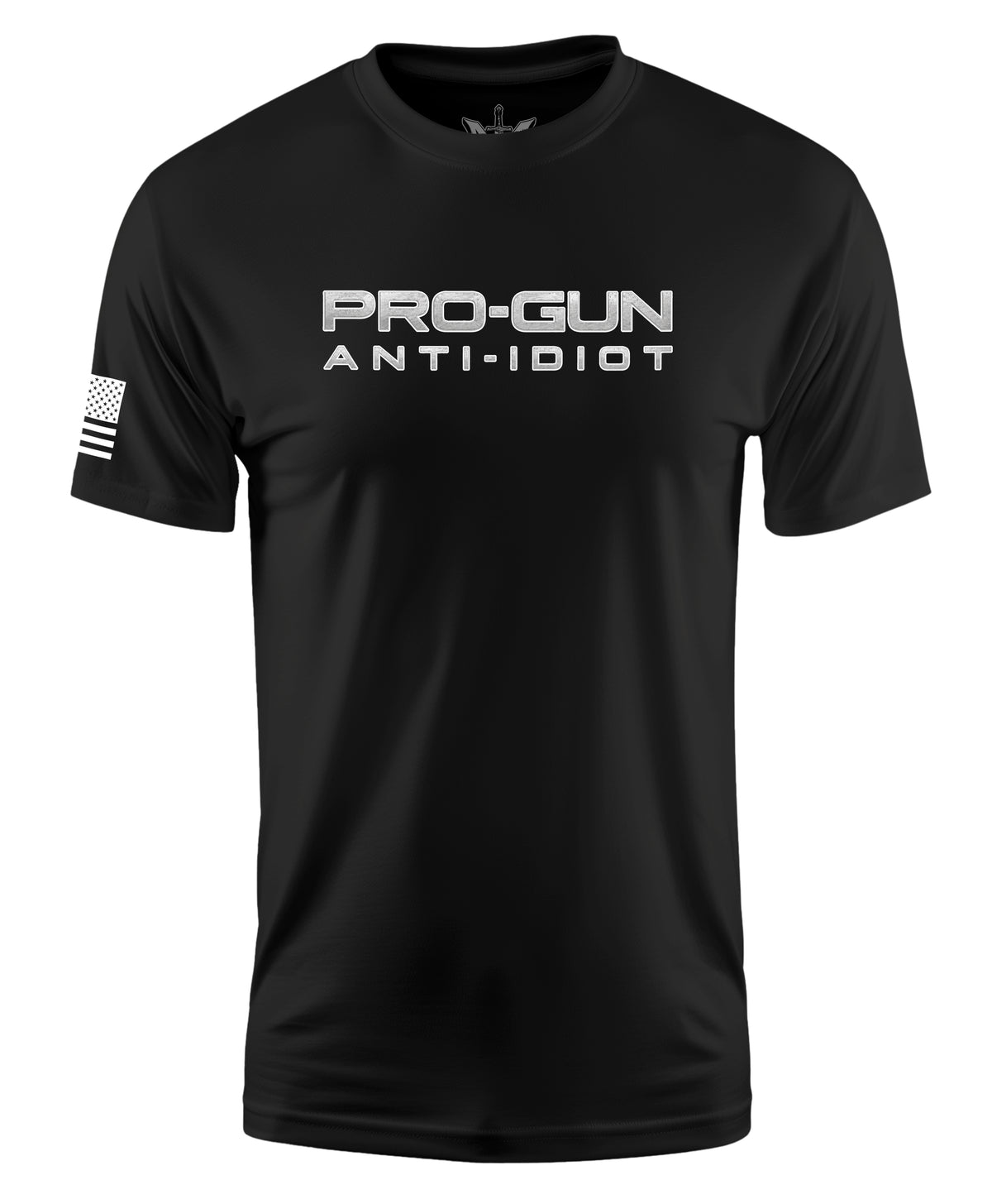 A black short-sleeve crewneck t-shirt with 'PRO-GUN ANTI-IDIOT' printed in white across the chest, featuring a white American flag graphic on the right sleeve.