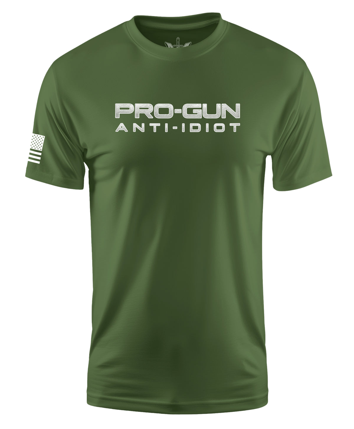 An olive green short-sleeve t-shirt with 'PRO-GUN ANTI-IDIOT' printed in white across the chest and a white American flag graphic on the right sleeve, shown on a plain white background.