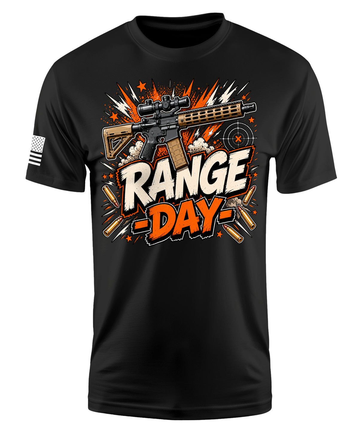 A black short-sleeve t-shirt with a graphic on the front featuring a rifle, bullet casings, and the text 'RANGE DAY' in bold white and orange lettering. A small American flag graphic is visible on the right sleeve.