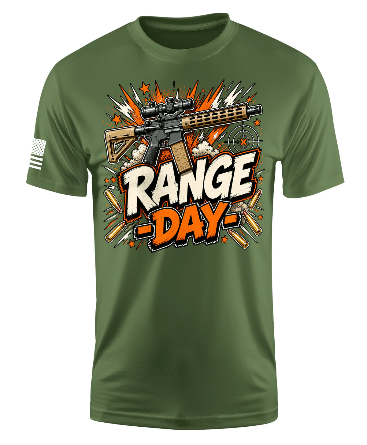 An olive green short-sleeve t-shirt with a 'Range Day' graphic on the chest featuring a rifle, explosions, and text, along with a small American flag print on the right sleeve.