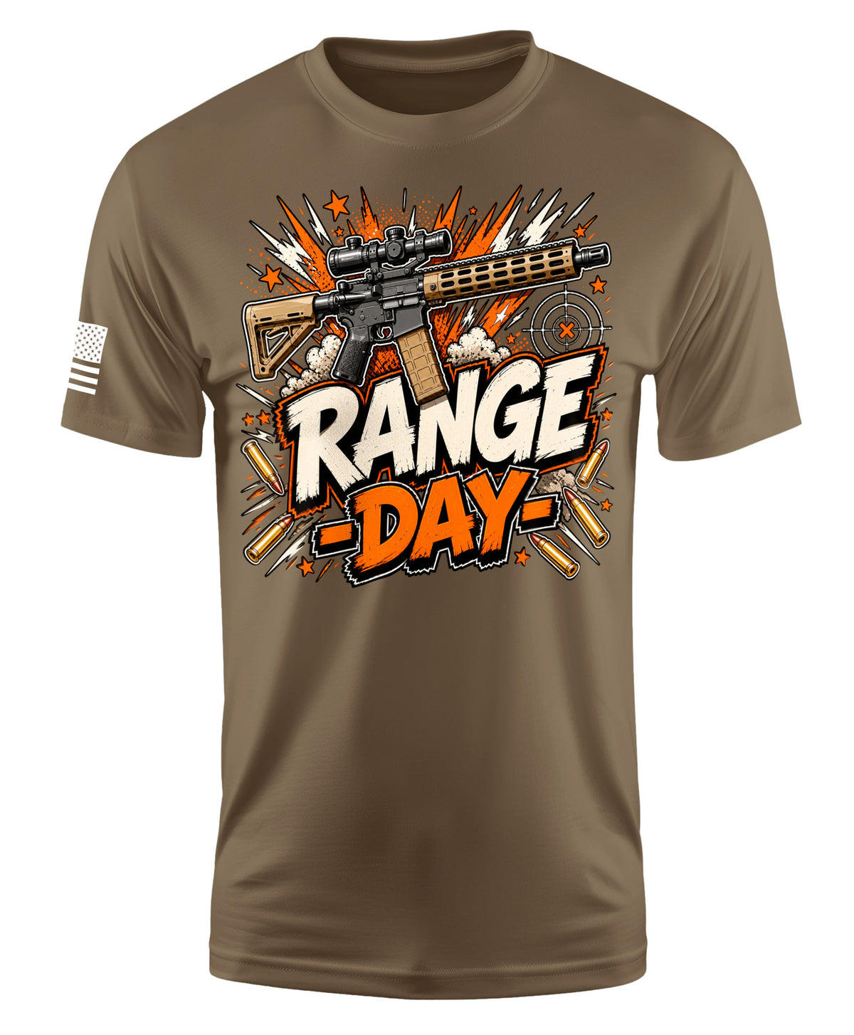 A brown short-sleeve crewneck t-shirt featuring a 'Range Day' graphic on the chest with a rifle, explosions, and text, along with a small American flag print on the right sleeve.