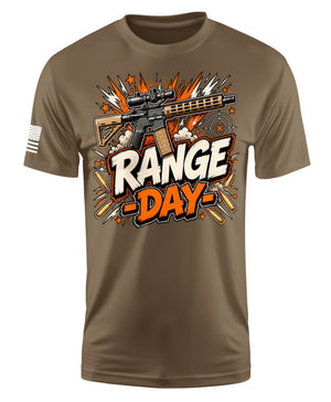 A brown short-sleeve crewneck t-shirt featuring a 'Range Day' graphic on the chest with a rifle, explosions, and text, along with a small American flag print on the right sleeve.
