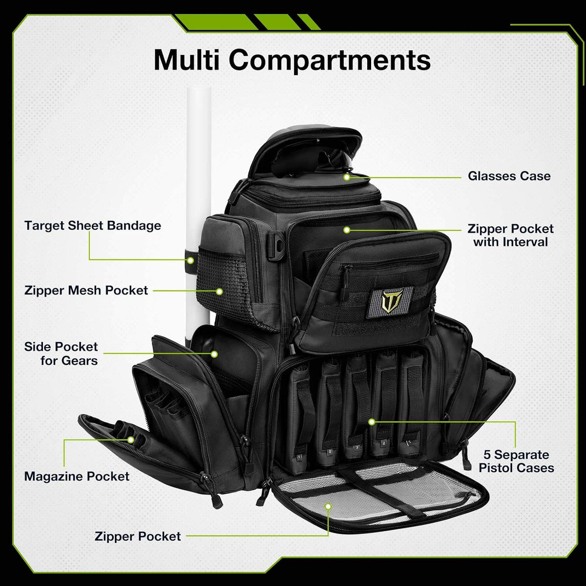 Black tactical bag with labeled compartments on a white background