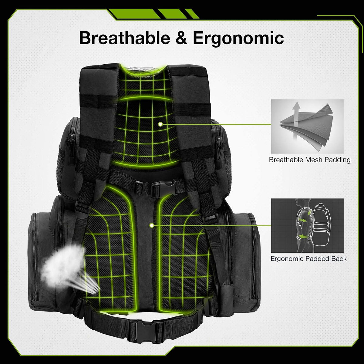 Black and green tactical vest with text highlighting features on a white background
