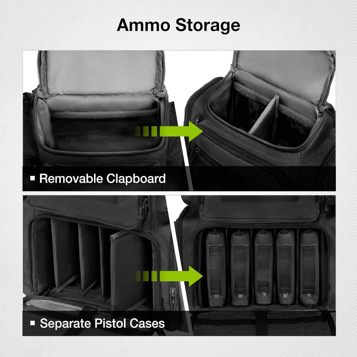 Ammunition storage bag with detachable divider panel and separate pistol cases.