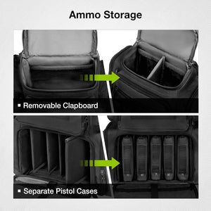 Ammunition storage bag with detachable divider panel and separate pistol cases.