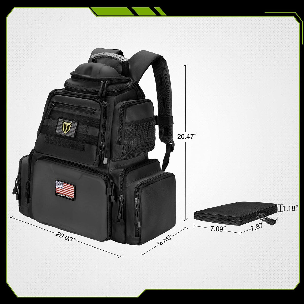 Black tactical backpack with multiple zippered compartments and measurement annotations showing its dimensions, alongside a smaller inset showing the packed size.