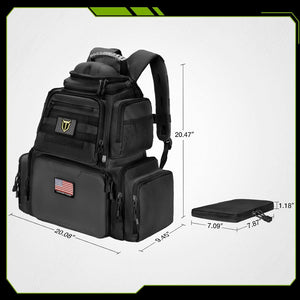 Black tactical backpack with multiple zippered compartments and measurement annotations showing its dimensions, alongside a smaller inset showing the packed size.