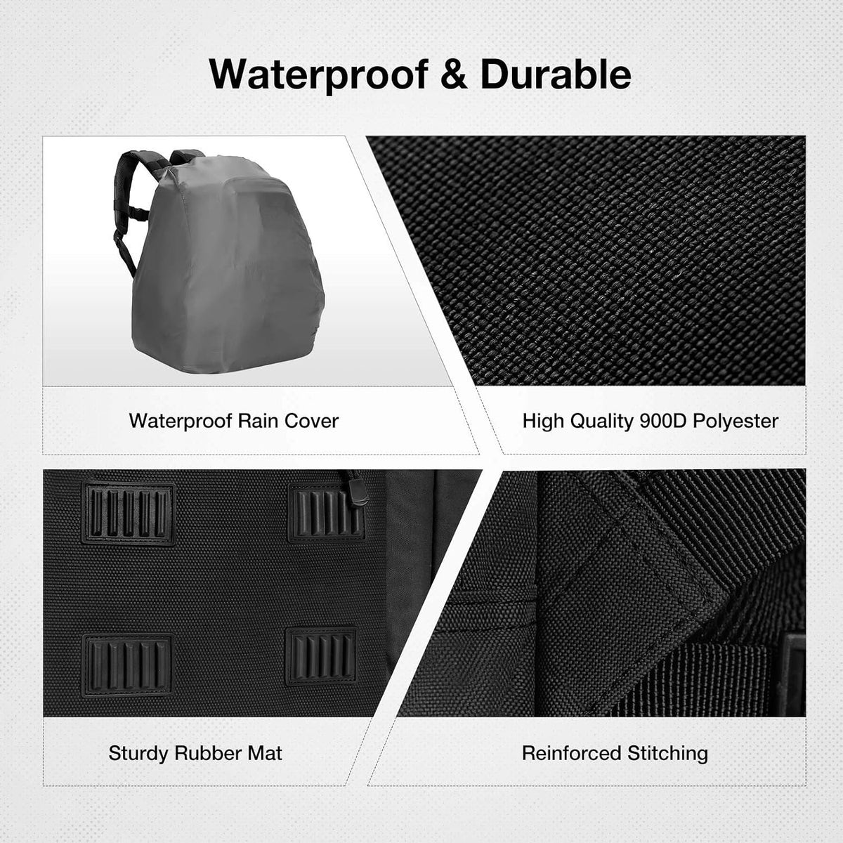 Product features including waterproof rain cover, high-quality 400D polyester, rugged abrasion-resistant base, and reinforced stitching.