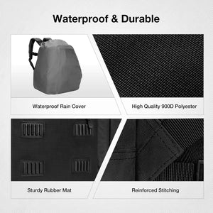 Product features including waterproof rain cover, high-quality 400D polyester, rugged abrasion-resistant base, and reinforced stitching.