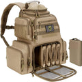 A tan tactical backpack with multiple zippered compartments, mesh pockets, and an open lower compartment showing organized interior slots, shown on a white background with a matching pouch beside it.