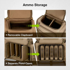A product feature infographic titled 'Ammo Storage' showing a tan tactical bag in two panels. The top panel demonstrates a removable clapboard with a green arrow pointing to the interior.