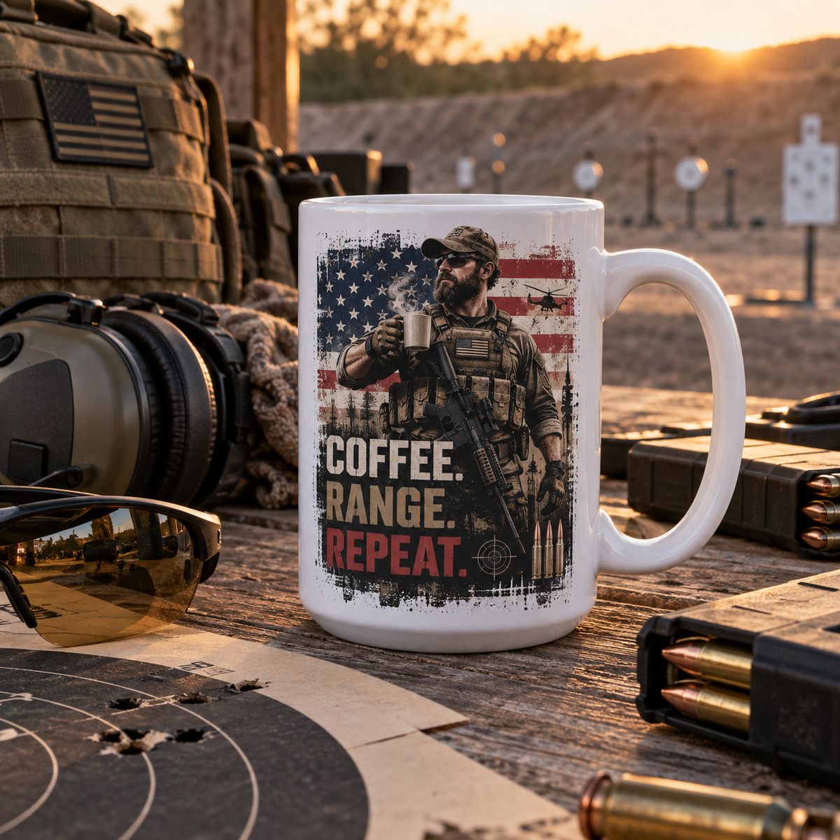 A white ceramic coffee mug with a patriotic graphic print of a man in tactical gear holding a coffee mug, set against an American flag background with the text 'COFFEE. RANGE.