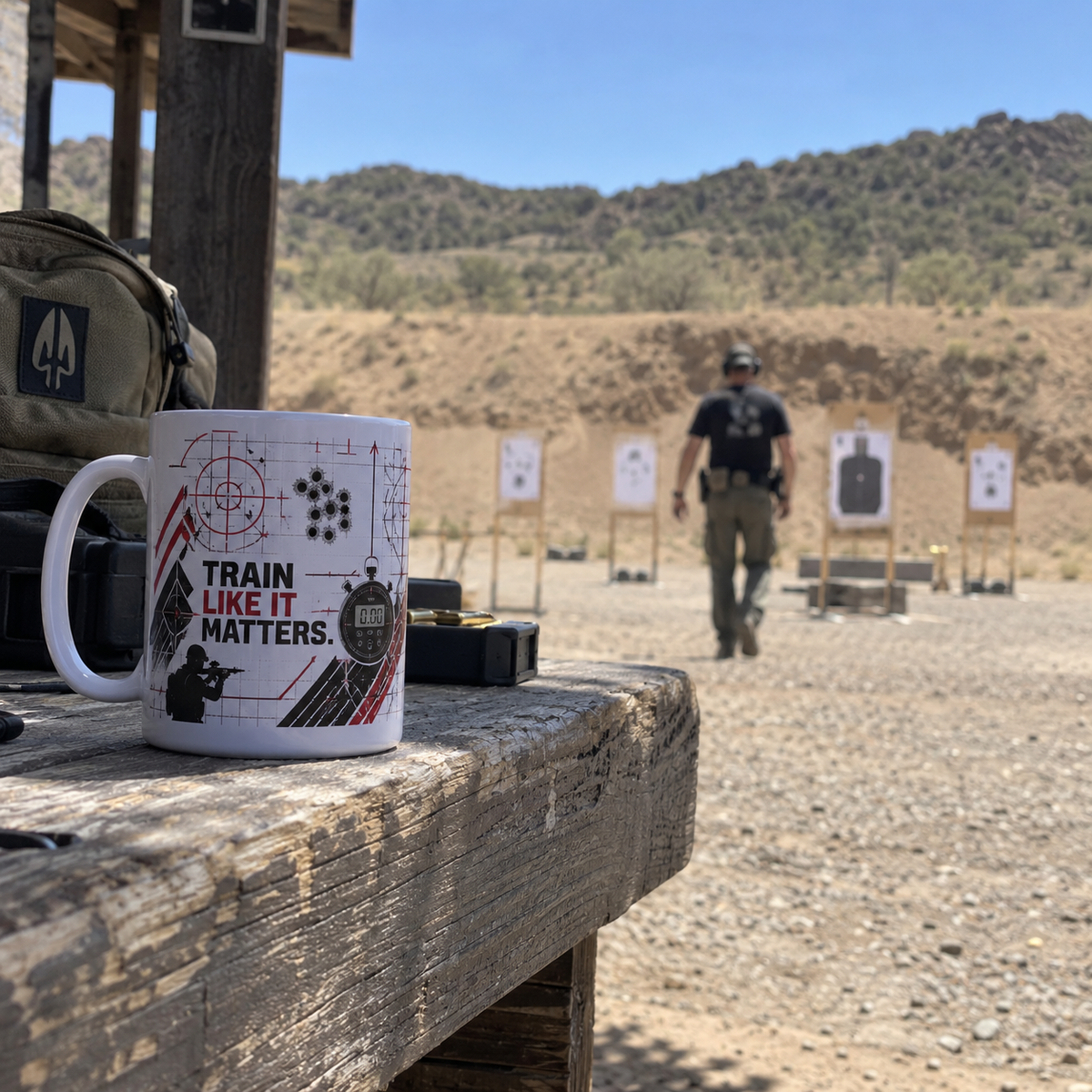 A white ceramic mug with a tactical target graphic and the text 'TRAIN LIKE IT MATTERS.' sits on a wooden table at an outdoor shooting range, with a person walking toward targets in the blurred background.